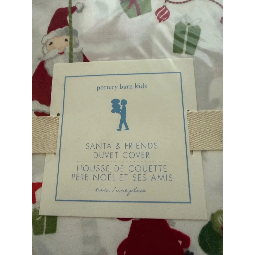 Pottery Barn Kids Duvet Set Kids Twin White NWT Santa & Friends Christmas Cotton
